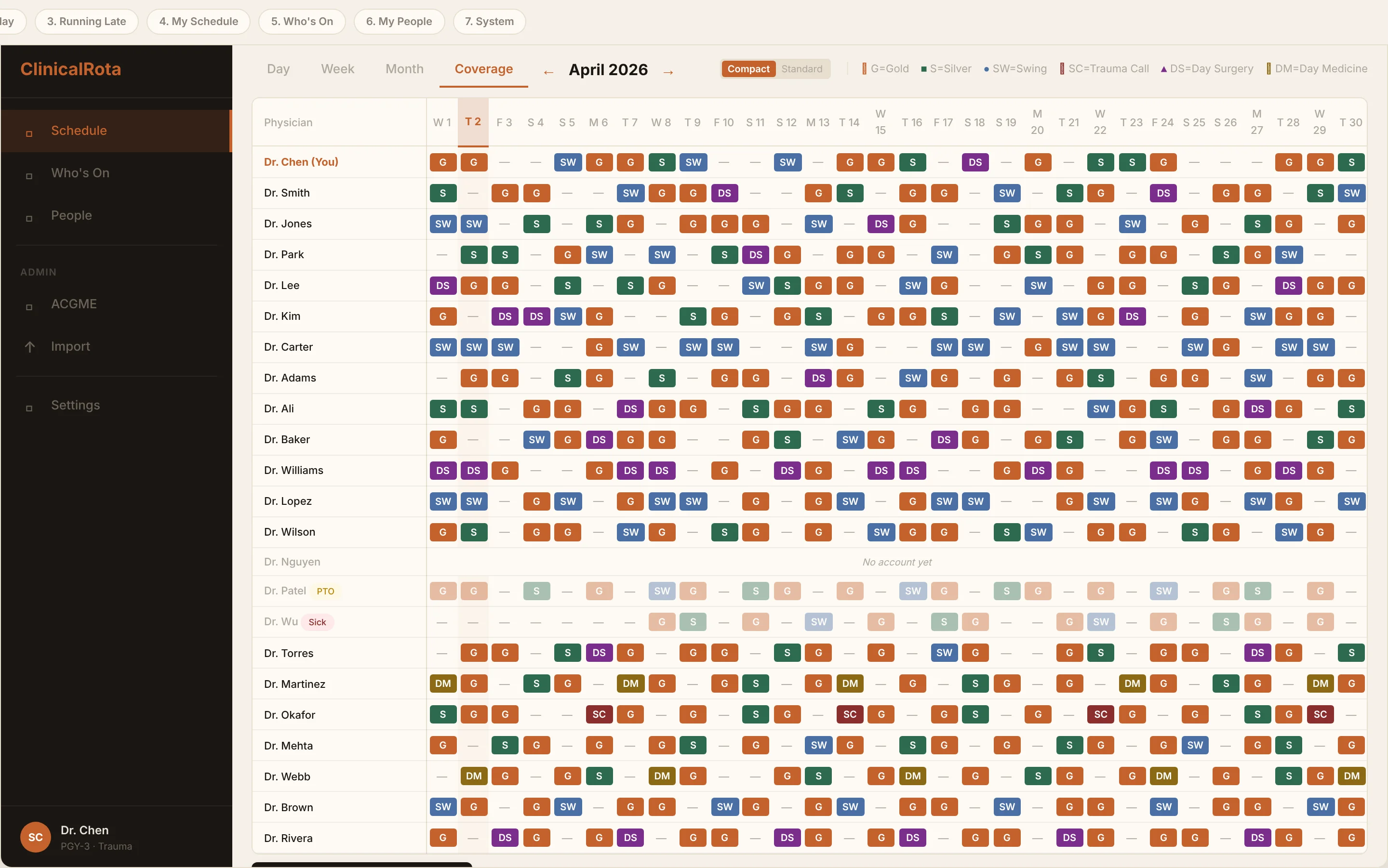 Department grid showing full month schedule at a glance