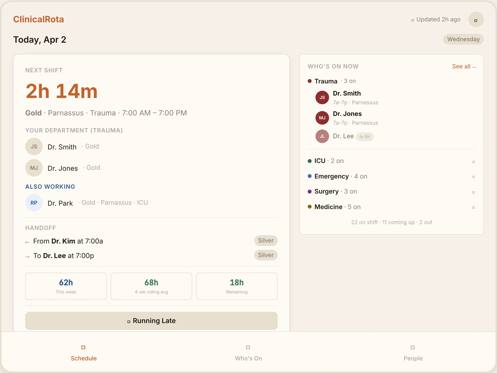 ClinicalRota tablet daily schedule with shift countdown, team sidebar, and department overview