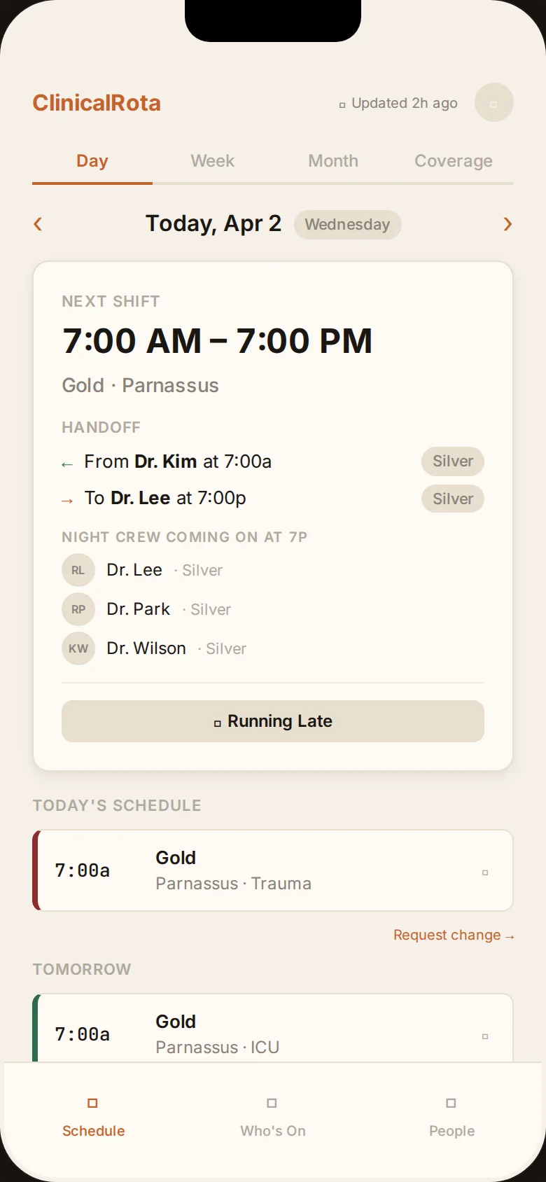 ClinicalRota physician daily schedule with shift countdown, team contacts, and handoff details